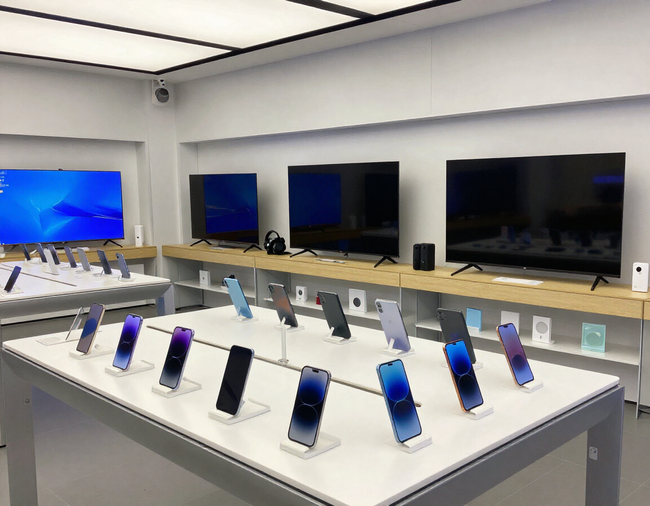 Exposición de una tienda de electrónica con filas de smartphones sobre mesas y televisores grandes montados en la pared.