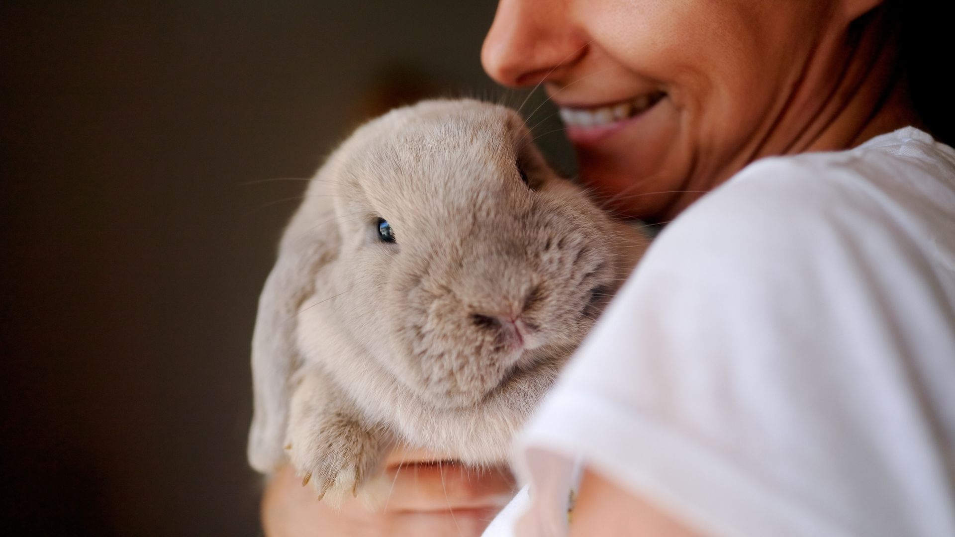 Une femme sourit en tenant un petit lapin près de son visage.