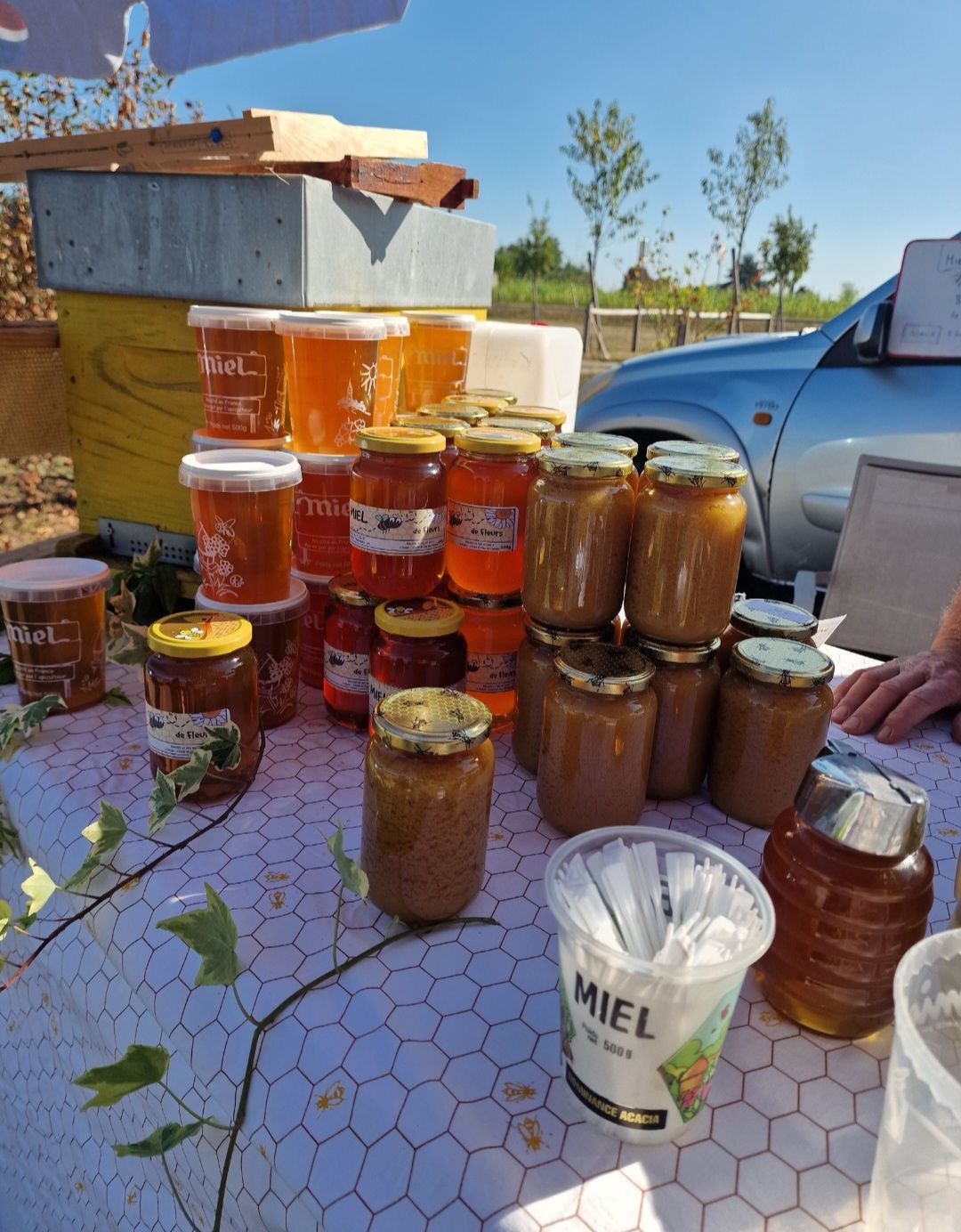 Des pots de miel et de confitures sont exposés sur une table à l'extérieur.