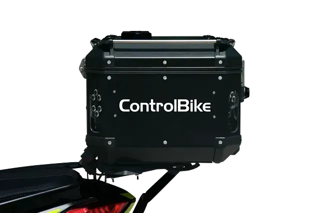 Un baúl superior para motocicleta ControlBike negro montado en la parte trasera de una motocicleta.