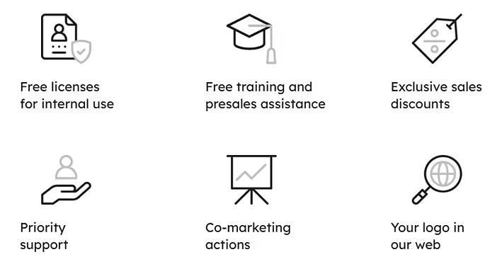 Iconos que representan los beneficios de la asociación: licencias gratuitas, capacitación, descuentos en ventas, soporte prioritario, marketing conjunto y colocación de logotipos en la web.