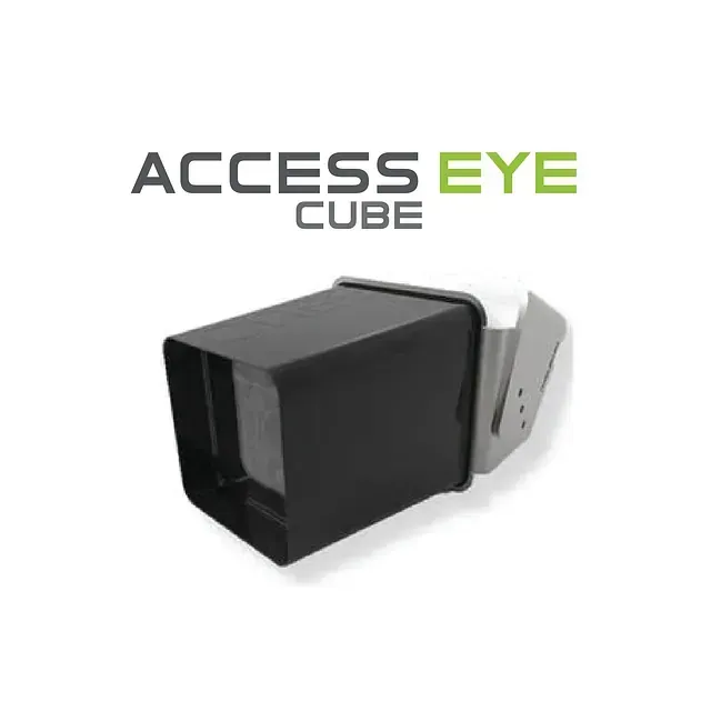 Dispositivo Access Eye Cube gris y negro. El dispositivo es rectangular y lleva el logotipo de 