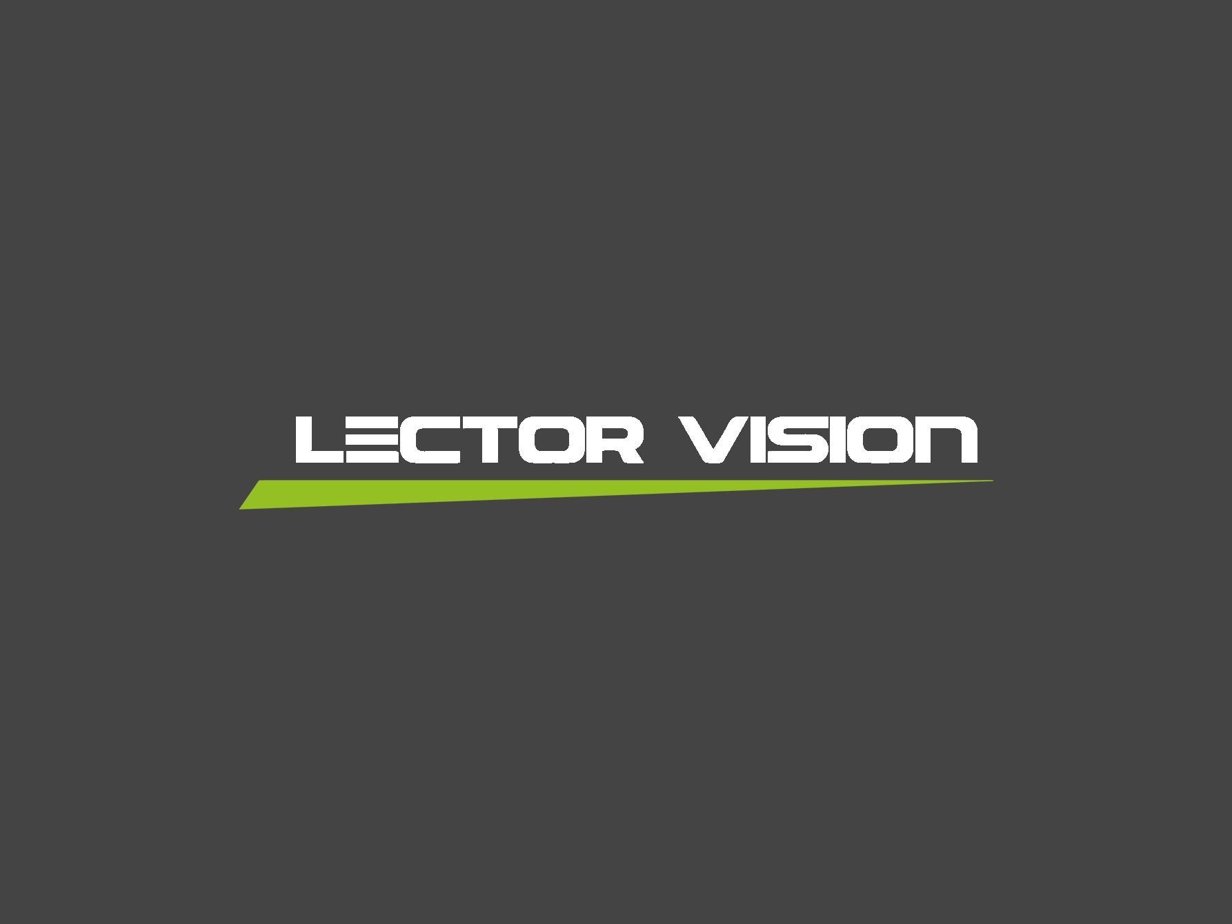 Logotipo de Lector Vision, texto blanco sobre fondo gris, con una línea verde en ángulo debajo del texto.
