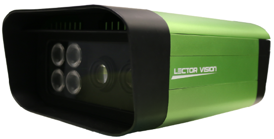 Sensor de visión industrial verde y negro etiquetado 
