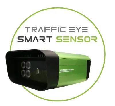 Sensor inteligente Green Traffic Eye con cuatro luces, dentro de un logotipo con un anillo verde.