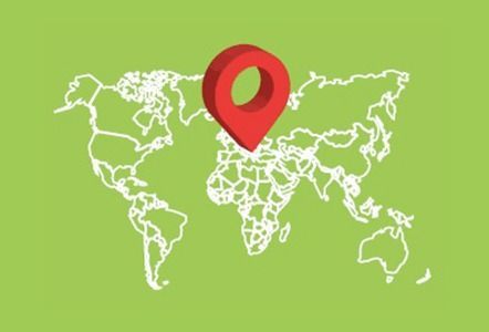 Marcador de ubicación rojo en un mapa mundial, que indica un punto en Europa sobre un fondo verde.