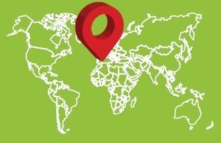 Marcador rojo en un mapa mundial 3D que indica un punto del globo terráqueo. El mapa es blanco sobre fondo verde.