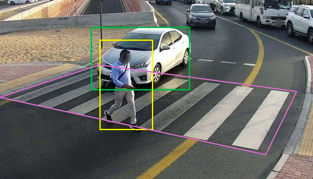 Una persona cruza un paso de peatones delante de un coche blanco. El paso de peatones está marcado con franjas blancas.