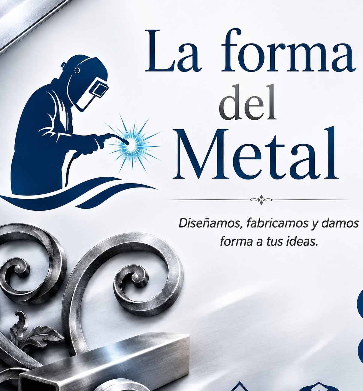 Logo de forja “La forma del Metal” con texto azul, soldador y piezas metálicas decorativas.