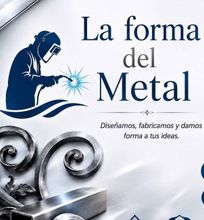 Logo de forja &ldquo;La forma del Metal&rdquo; con texto azul, soldador y piezas met&aacute;licas decorativas.