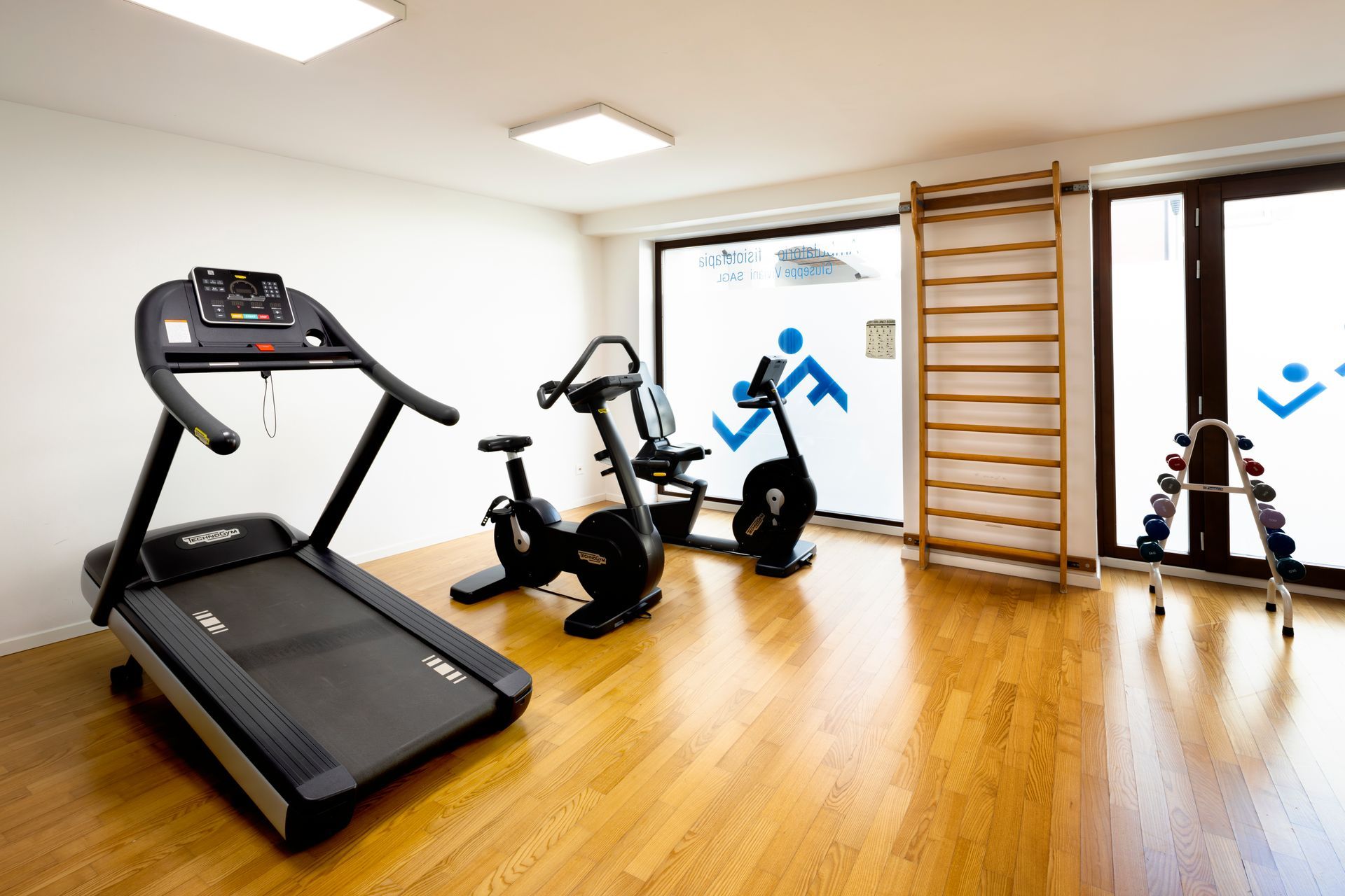 Palestra con tapis roulant, cyclette, barre di arrampicata in legno e ampie finestre.