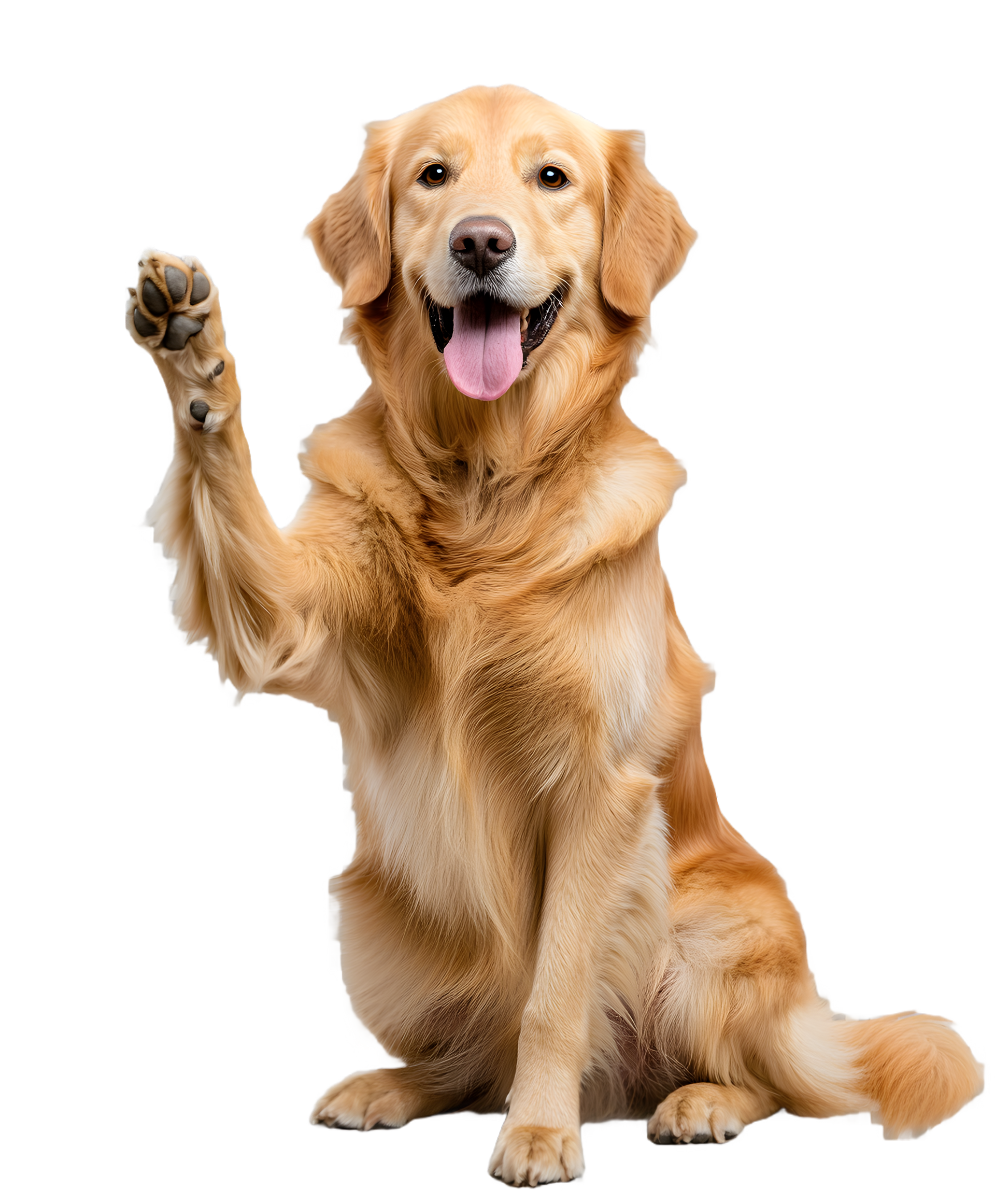 Golden Retriever assis, la patte levée et la langue sortie.