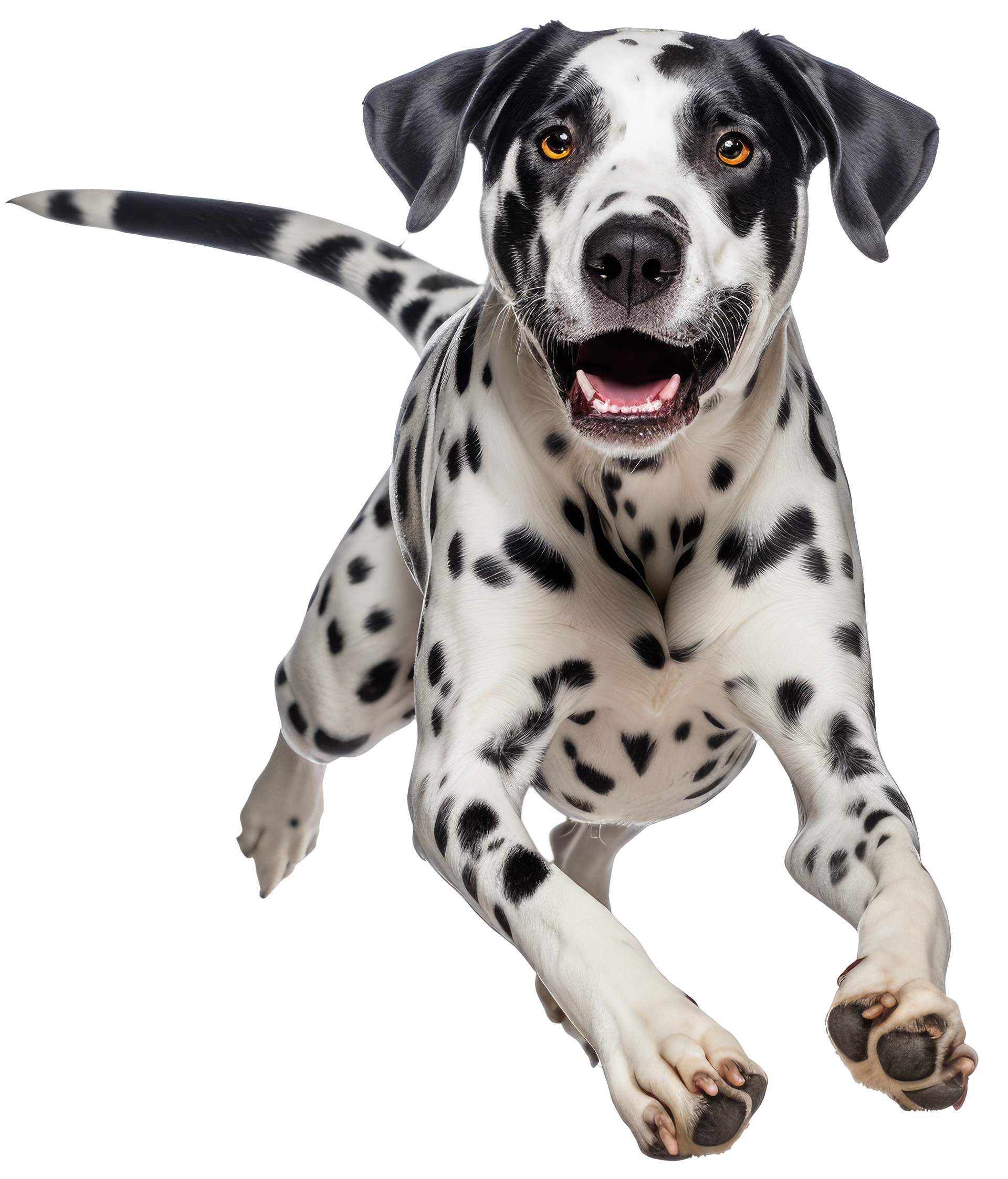Chien dalmatien, taches noires sur pelage blanc, courant la gueule ouverte.