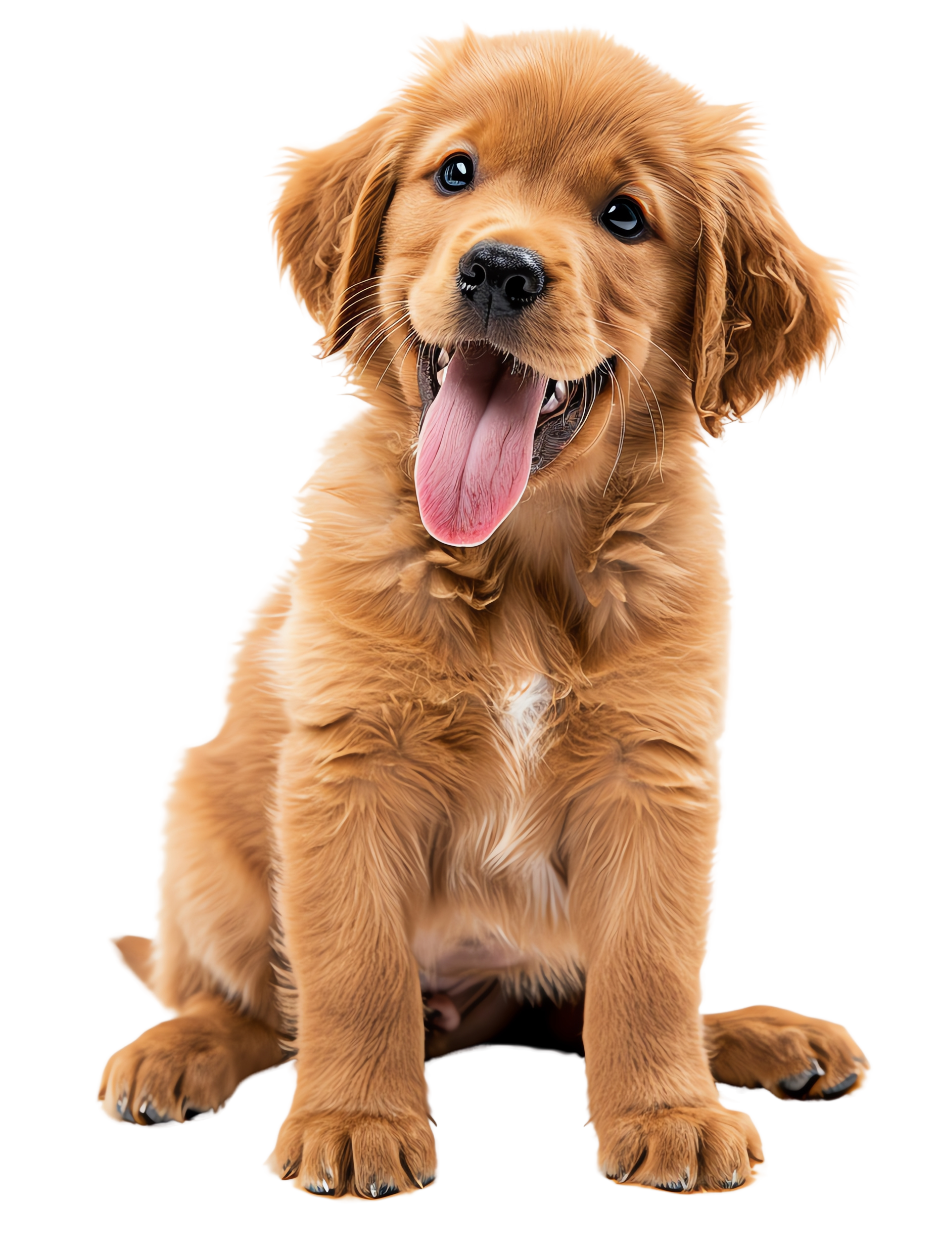 Chiot golden retriever, assis, la langue pendante, expression joyeuse.