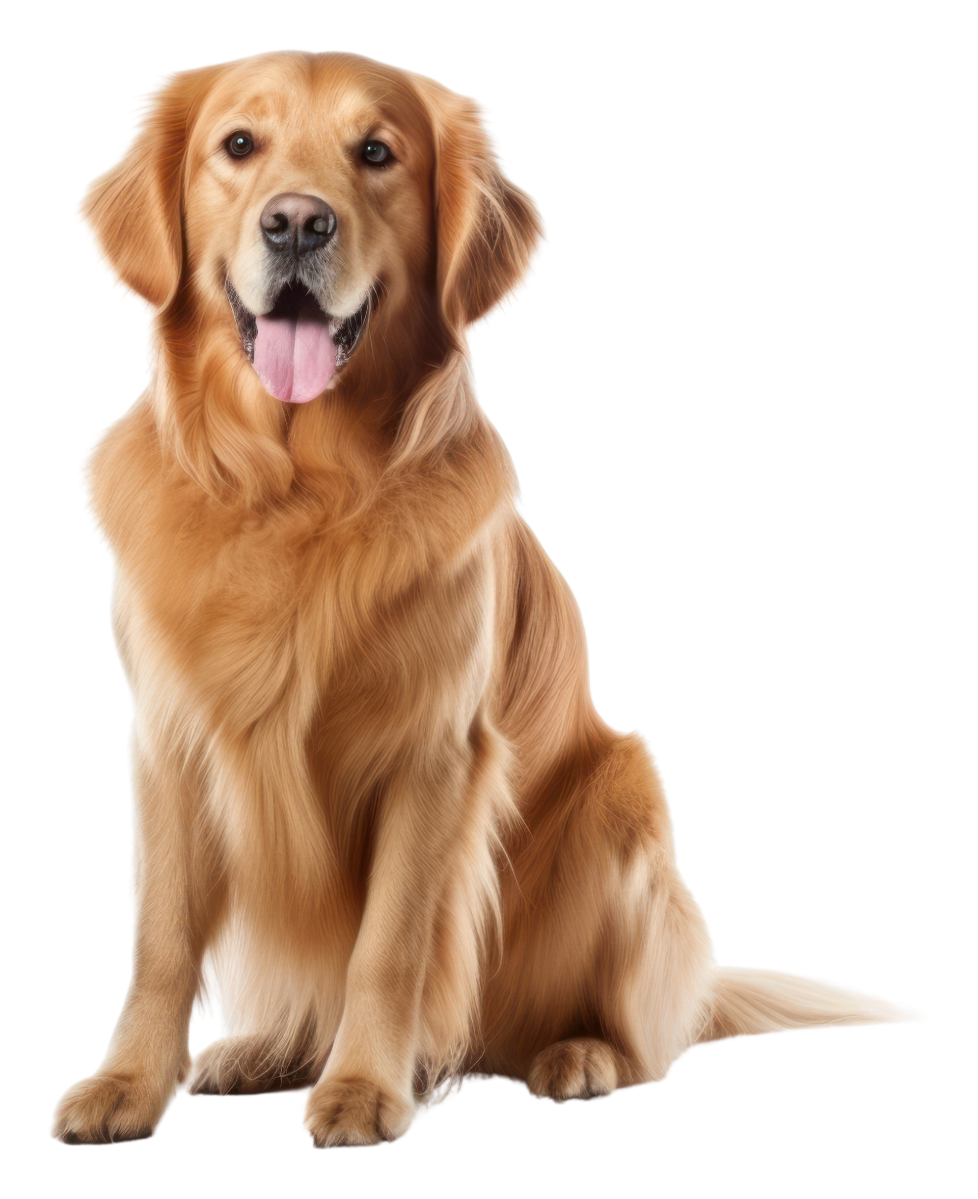 Chien golden retriever, pelage fauve, assis, langue sortie.