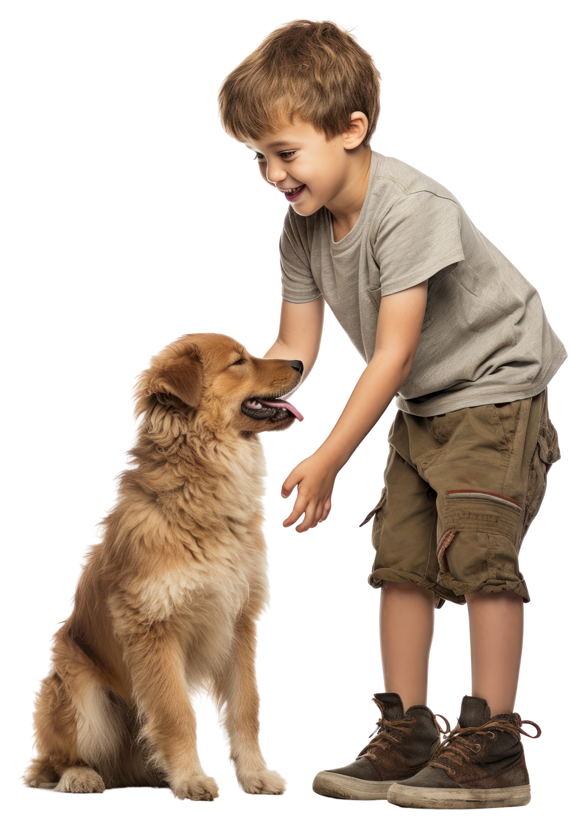 Un garçon sourit en caressant un chien brun.