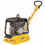 Una compactadora de placas amarilla con bastidor y asa de motor negros, mostrada sobre un fondo blanco.