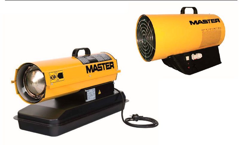 Dos calefactores portátiles amarillos de la marca Master con bases negras; uno de ellos se muestra con un depósito de combustible y un cable de alimentación.