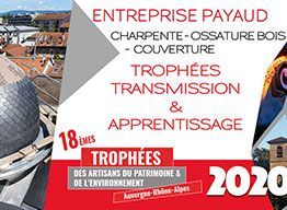 Affiche Entreprise Payaud, mettant en valeur la charpente, la couverture, les trophées, la transmission et l’apprentissage, 2020.