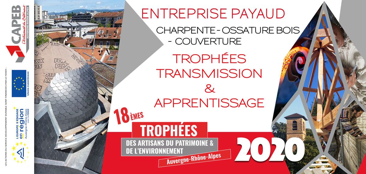 Affiche pour la remise des trophées 2020 d’« Entreprise Payaud », avec du texte rouge et des images de chantier.