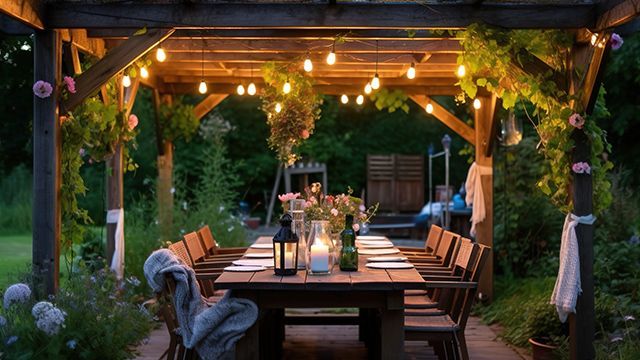 Salon extérieur sous une pergola en bois dans un jardin romantique