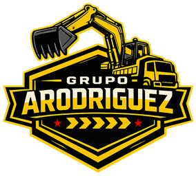Logotipo de Grupo ARODRIGUEZ con una excavadora amarilla y un llamativo diseño de escudo en negro y amarillo.