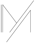 Un dibujo minimalista de l&iacute;neas negras sobre fondo blanco que muestra una letra M estilizada con una l&iacute;nea diagonal superpuesta.