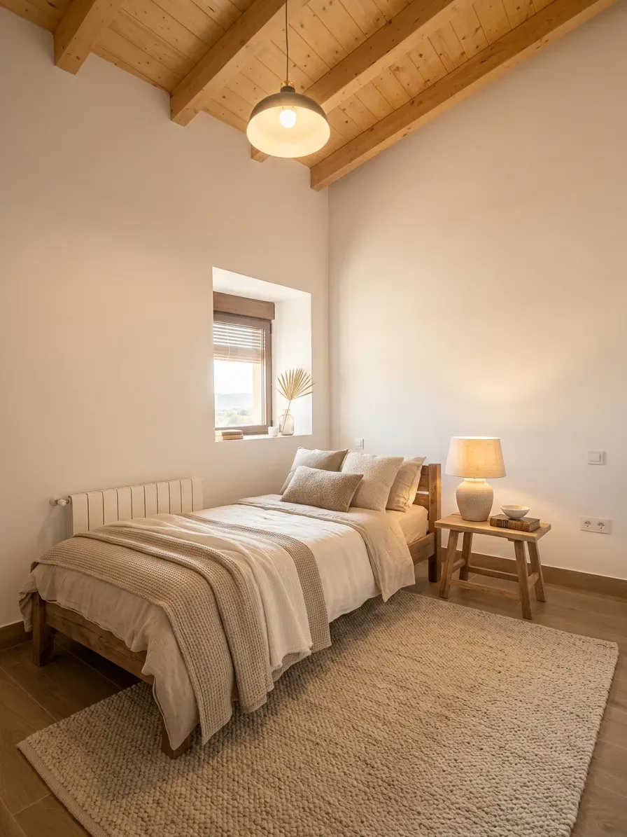 Un dormitorio acogedor con una cama individual, ropa de cama texturizada de color beige, techo con vigas de madera, ventana y una lámpara de noche sobre un taburete de madera.