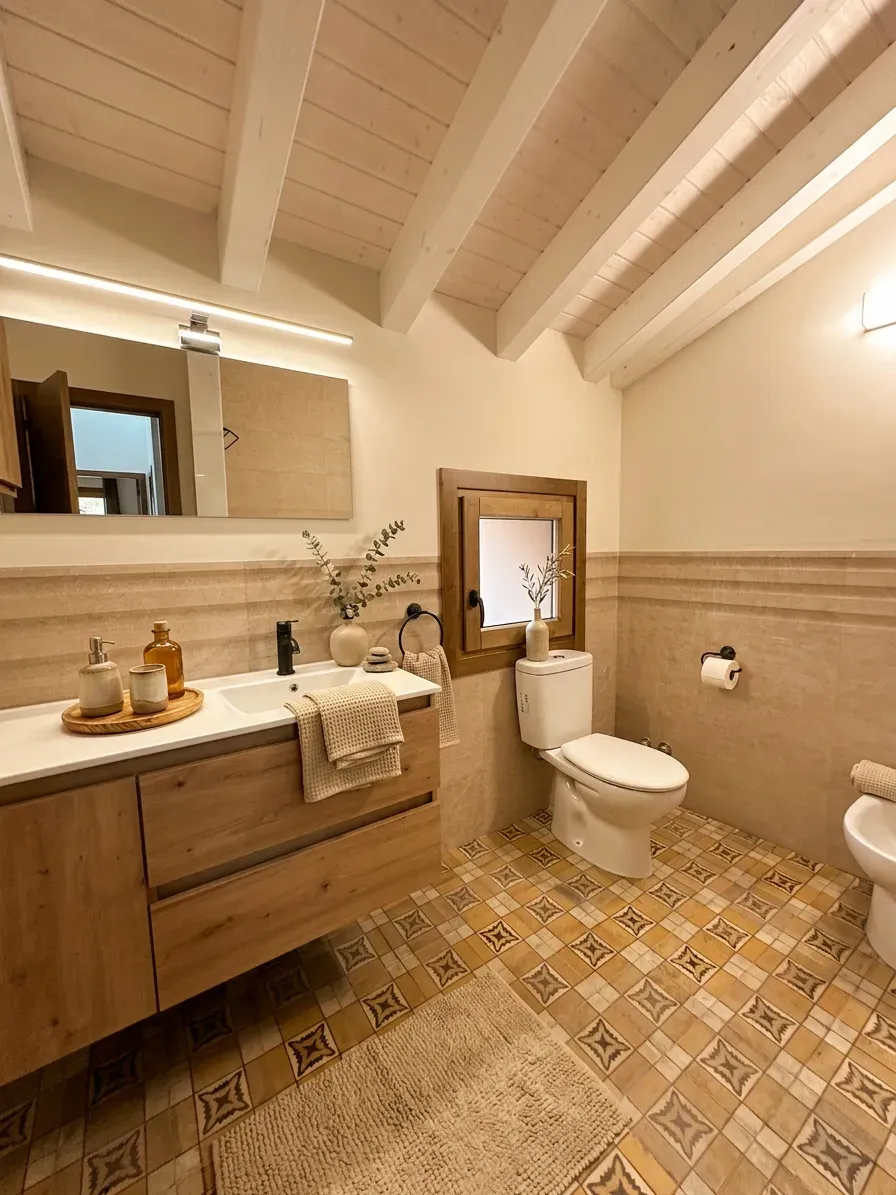 Un baño moderno con tocador de madera clara, encimera blanca, inodoro blanco, bidé y suelo de baldosas estampadas bajo las vigas.