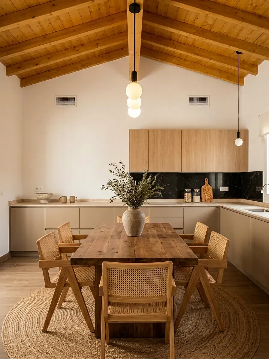 Una cocina rústica con techo abovedado de madera, que cuenta con una mesa de comedor central de madera con sillas de ratán sobre una alfombra de yute.