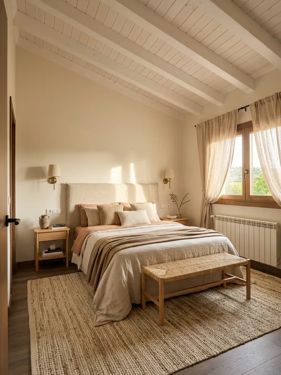 Un dormitorio luminoso y minimalista con una paleta de colores neutros, que incluye una cama con sábanas superpuestas, un banco tejido y una alfombra.