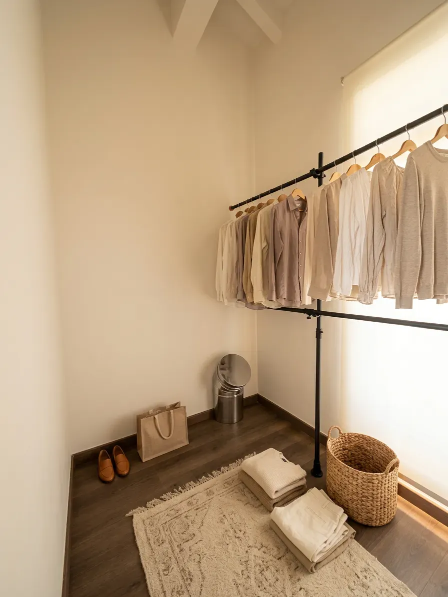 Un vestidor con un perchero negro que sostiene ropa de tonos neutros, una alfombra, sábanas dobladas y zapatos sobre un suelo de madera.