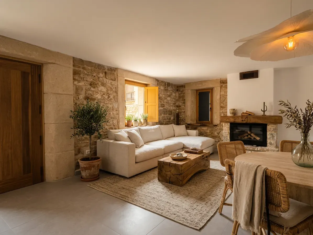 Una acogedora sala de estar con paredes de piedra, un sofá modular de color beige claro, una mesa de centro de madera y una chimenea.