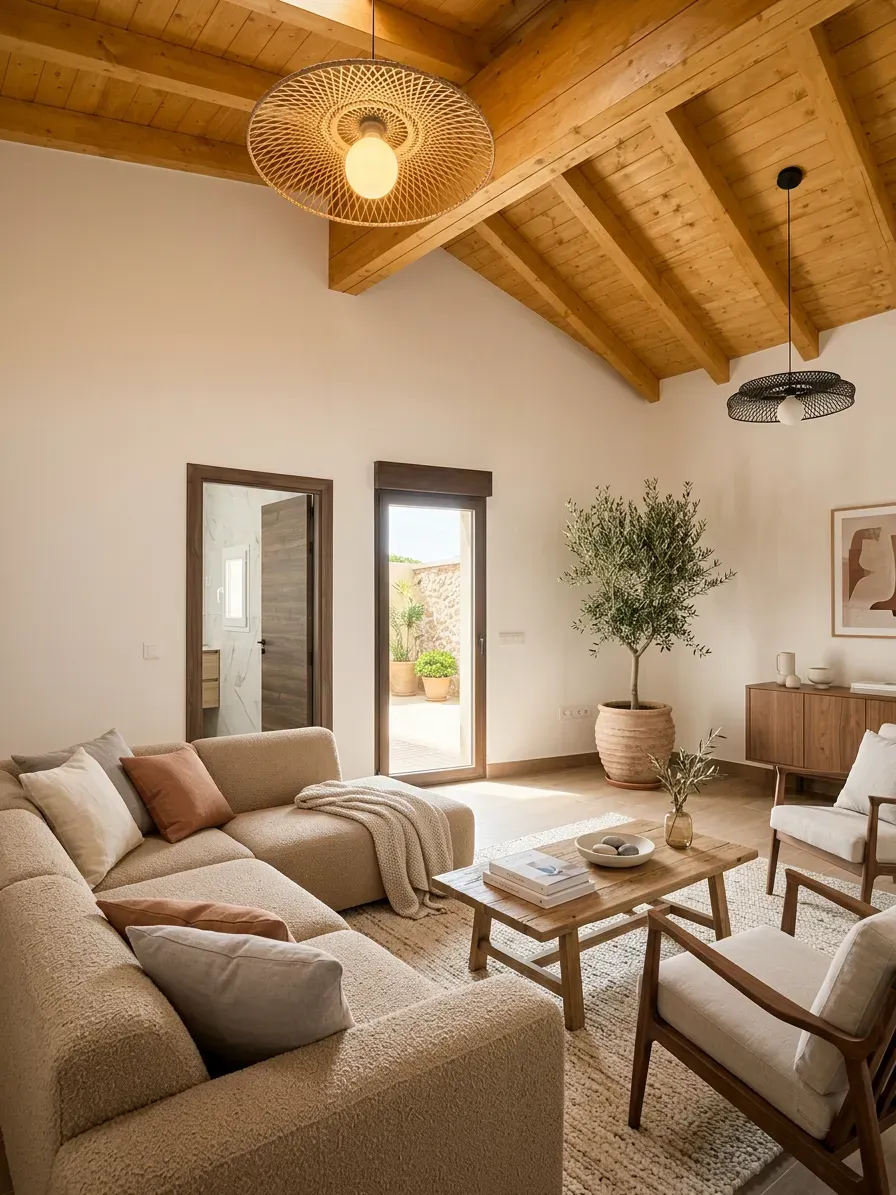Salón luminoso y moderno con vigas de madera a la vista, muebles de color beige con textura, una mesa de centro de madera y plantas en macetas.