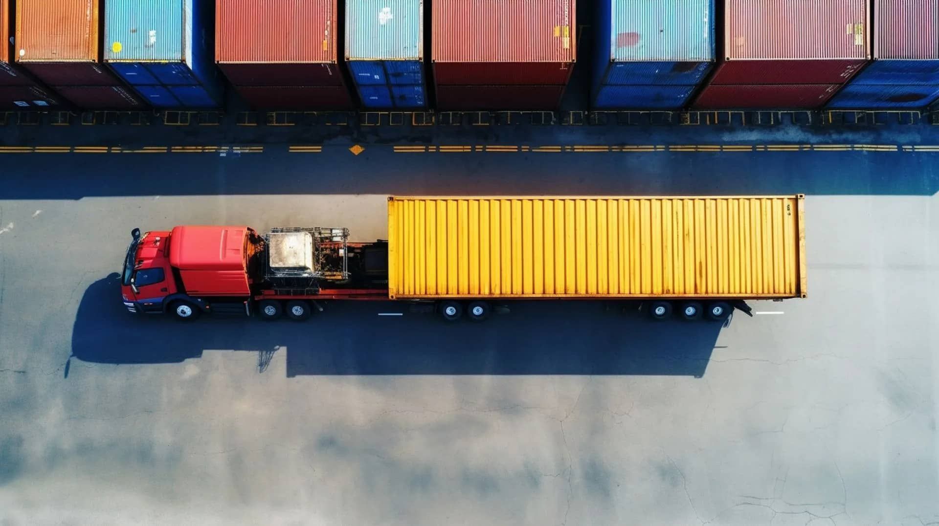 Camión semirremolque rojo que transporta un contenedor de envío amarillo, estacionado en un muelle con contenedores apilados.
