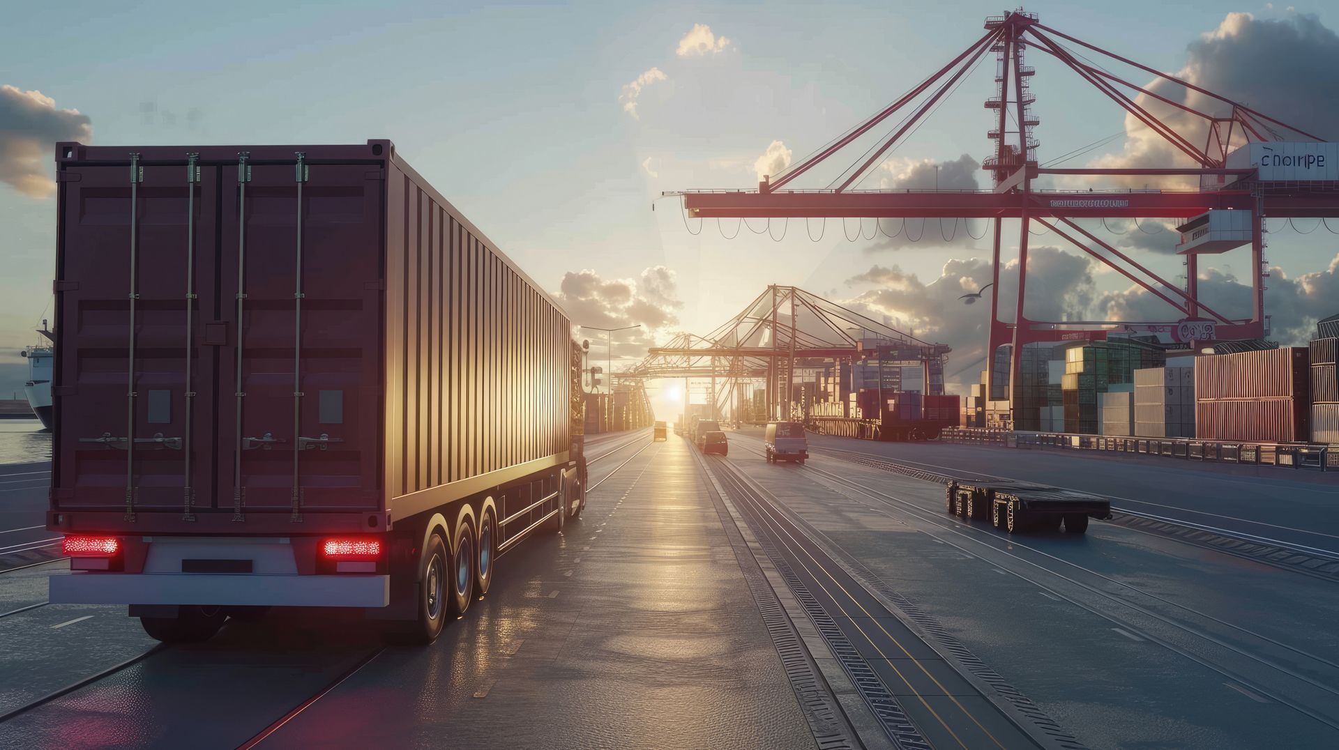 Un camión con contenedores de carga se dirige hacia un puerto al atardecer, rodeado de grúas y pilas de mercancías.