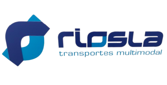 Logotipo para Riosla: S&iacute;mbolo abstracto en forma de flecha azul y verde azulado con el texto "Riosla" y "transportes multimodales".