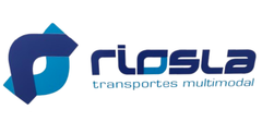 Logotipo para Riosla: S&iacute;mbolo abstracto en forma de flecha azul y verde azulado con el texto "Riosla" y "transportes multimodales".
