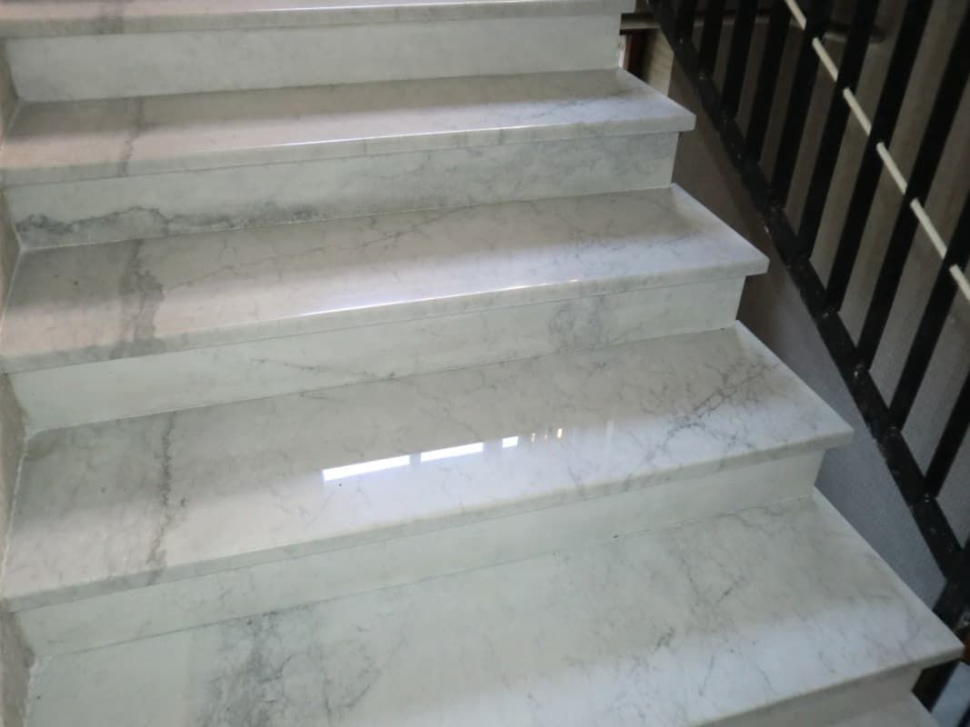 Un conjunto de escaleras de mármol blanco con barandilla negra.