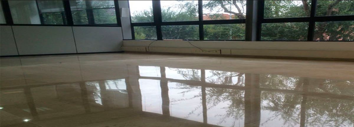 Una habitación con muchas ventanas y un reflejo de árboles en el suelo.