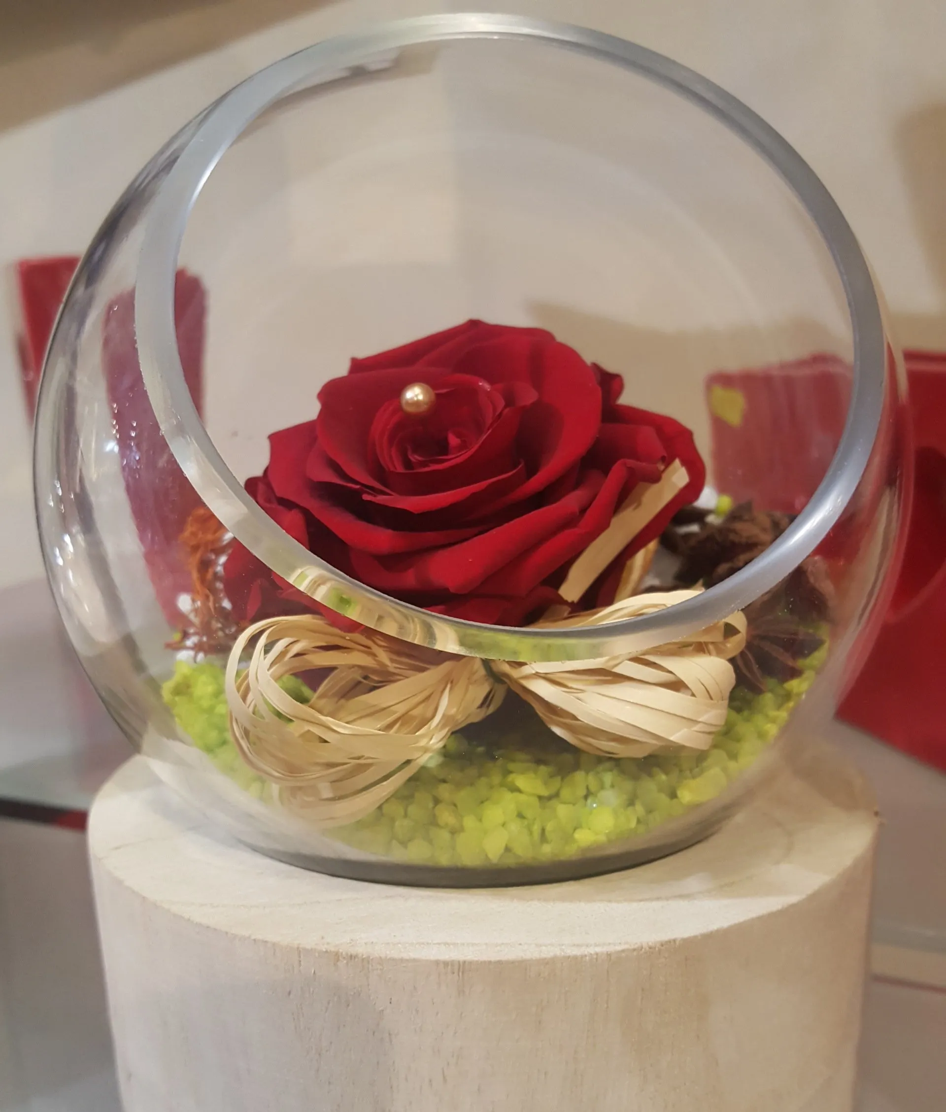 Une rose rouge dans un globe en verre ouvert