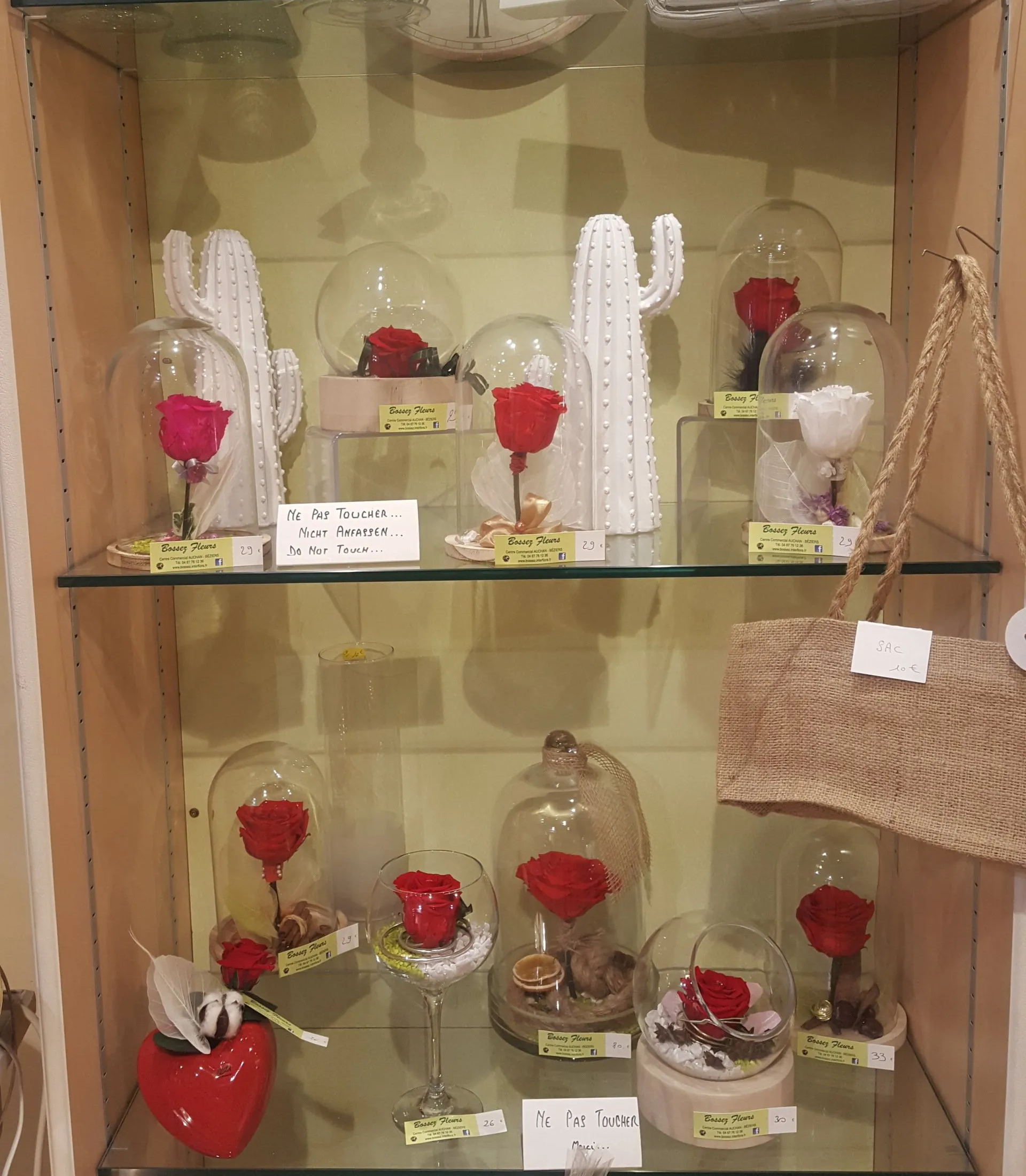 Une vitrine avec de nombreuses roses dans des cloches