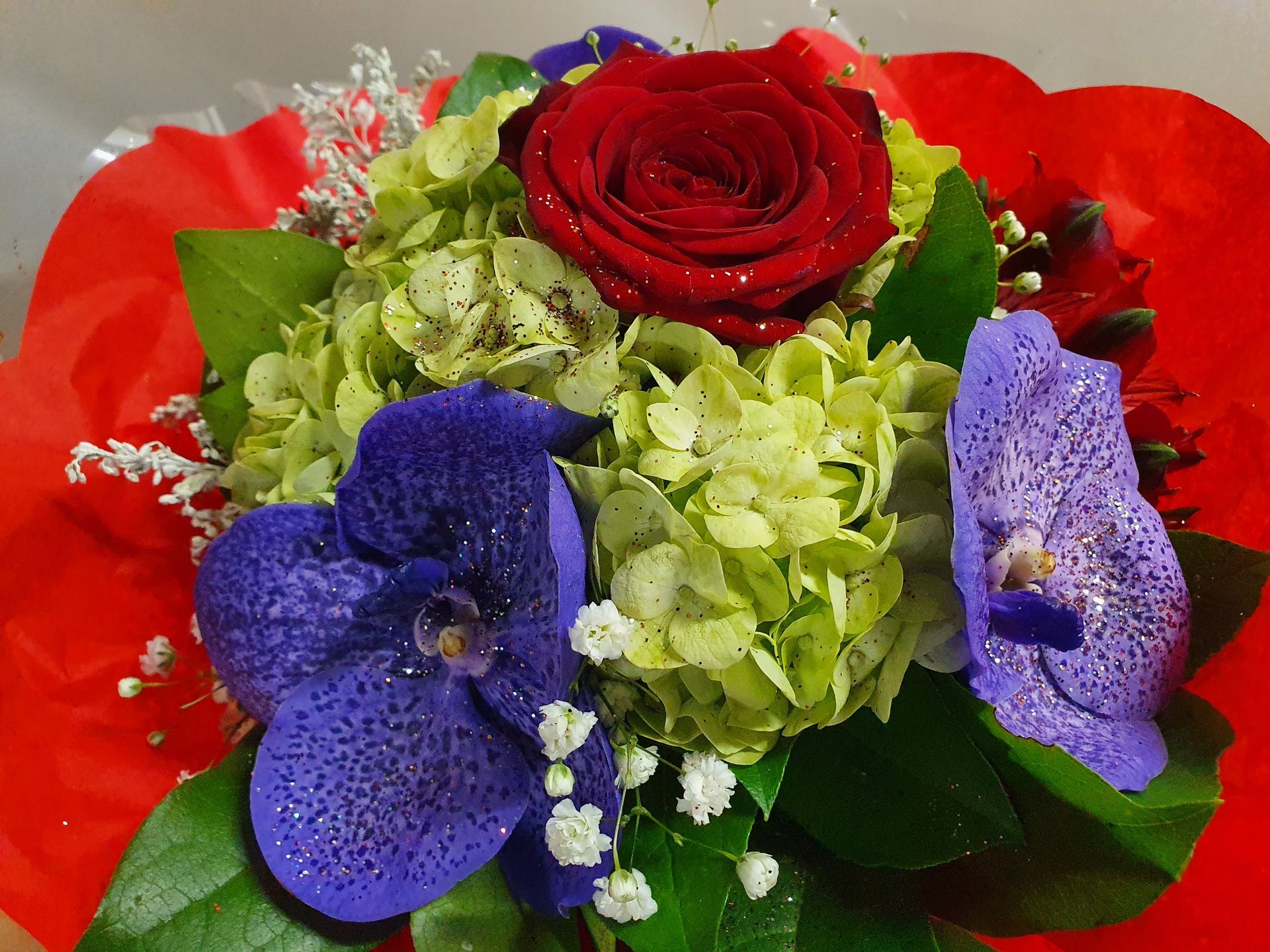 Une rose rouge et deux fleurs violettes