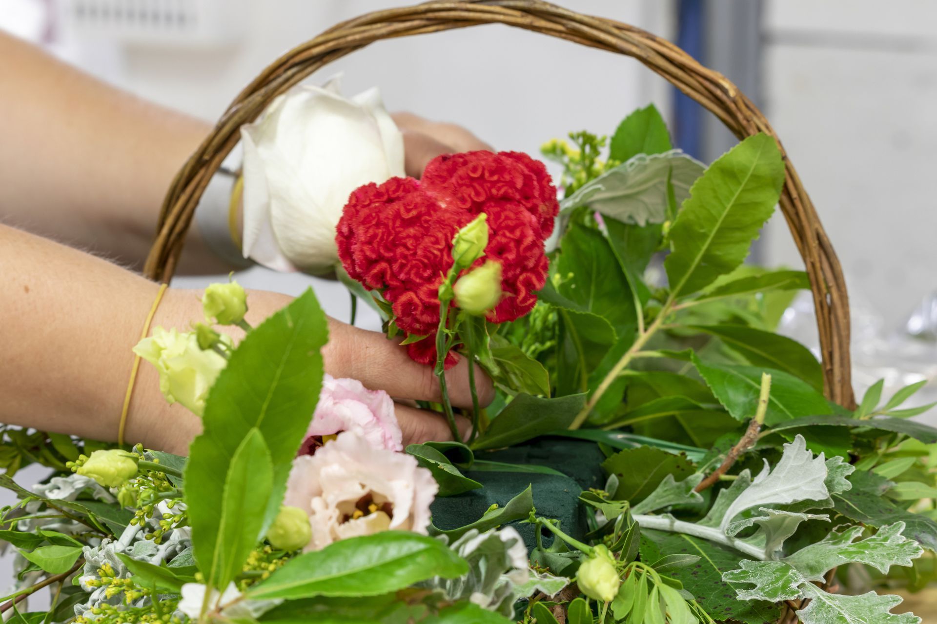 Une fleur rouge dans un panier en osier