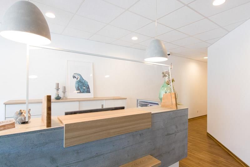 Eine Rezeption in einem Flur mit einem Papageibild an der Wand.