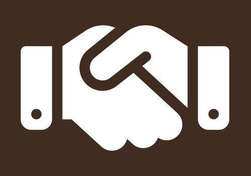Ein weißes Handshake-Symbol auf braunem Hintergrund.