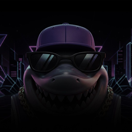Ein Cartoon-Hai mit schwarzer Sonnenbrille und lila Kappe in einer düsteren Neon-Cyberpunk-Umgebung