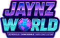 JAYNZ WORLD-Logo in violetter und blauer Neonschrift mit Globus.