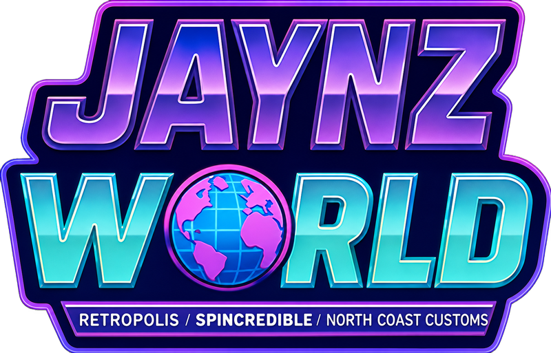 JAYNZ WORLD-Logo in violetter und blauer Neonschrift mit Globus.