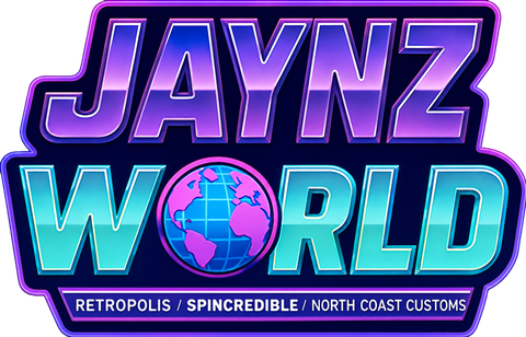 JAYNZ WORLD-Logo in violetter und blauer Neonschrift mit Globus.